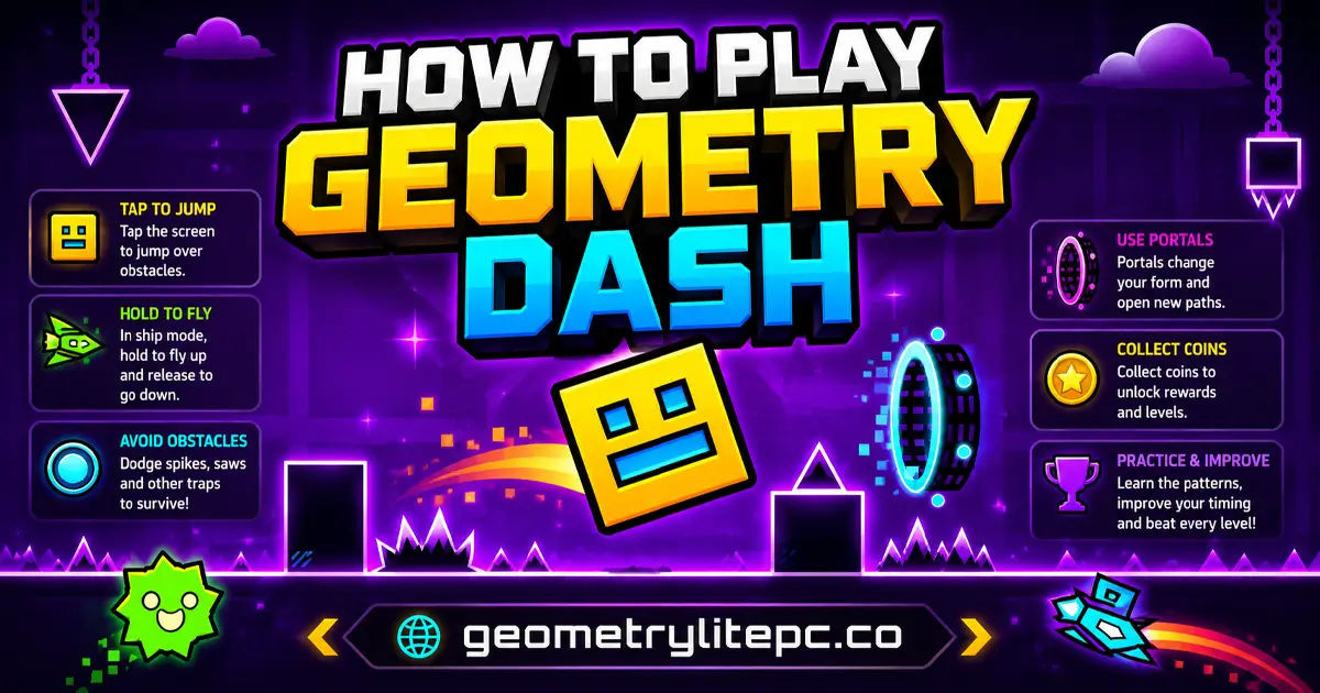 How to play Geometry Dash with tap to jump, hold to fly, portals, coins, and practice tips